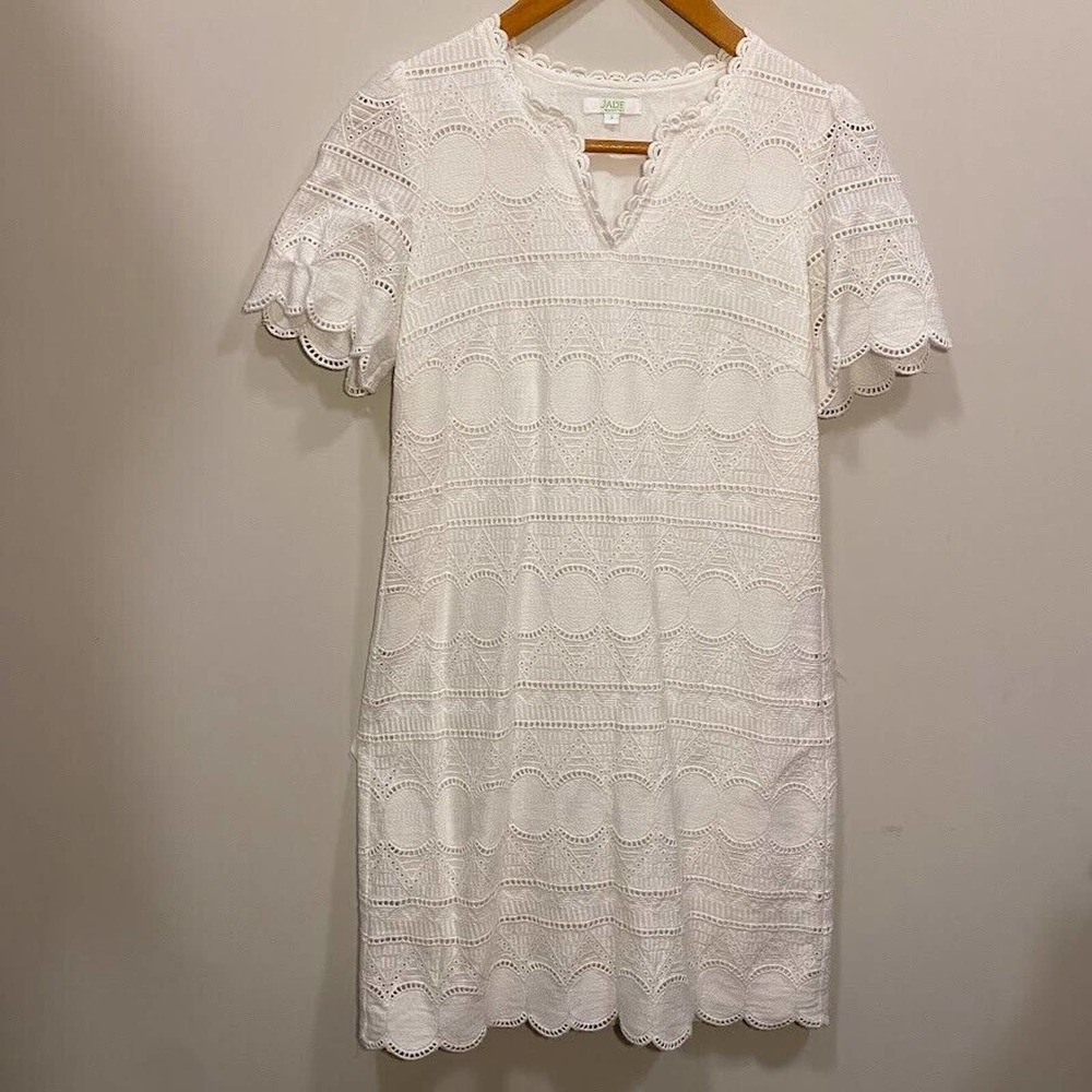 Jade Boutique Women's White Lined Sheath Dress Sz Small Eyelet Cotton Scalloped